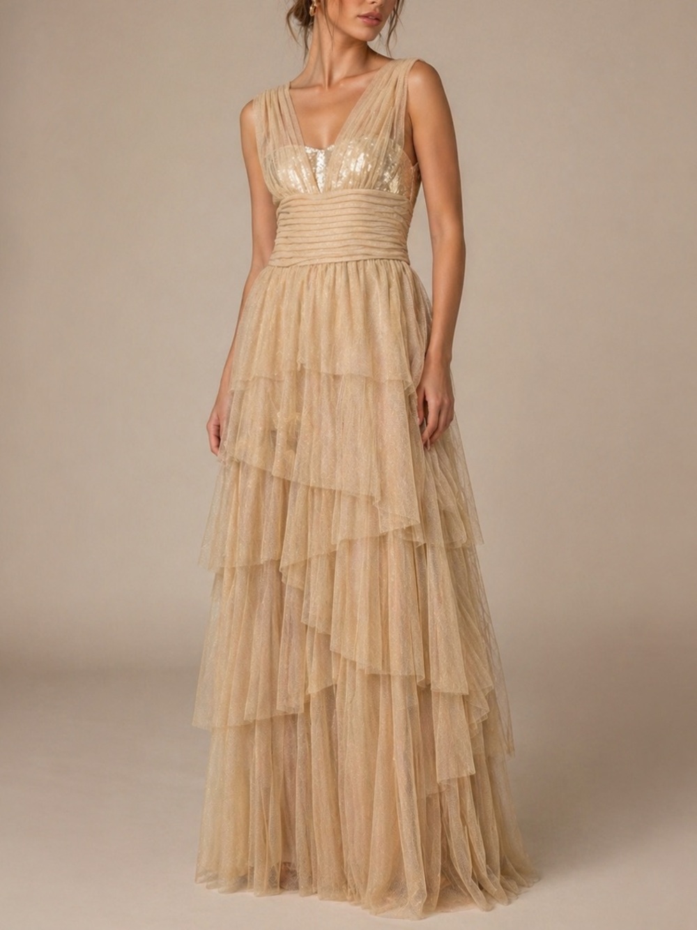 Tadashi Shoji Gold Tiered Gown Petite 6P Sequin V-Neck Tulle Formal Dress Hoco - Picture 1 of 12